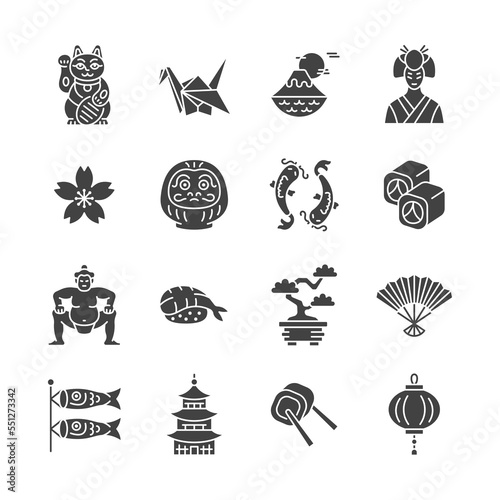 Japan glyph icon set. Japanese traditional vector sign with sakura, origami, maneki neko cat, daruma, koi carp, sushi, pagoda, sumo wrestler, geisha.
