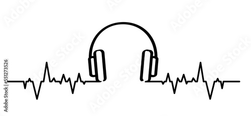 Heartbeat wave. headphones, headsets line pattern sign. For music or for call center. Vector headset icon. Listen to music. Waves, line pattern.