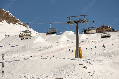 Aerial drone view of Madonna di Campiglio Trentino and ursus snowpark in Val Rendena dolomites Italy in winter photo