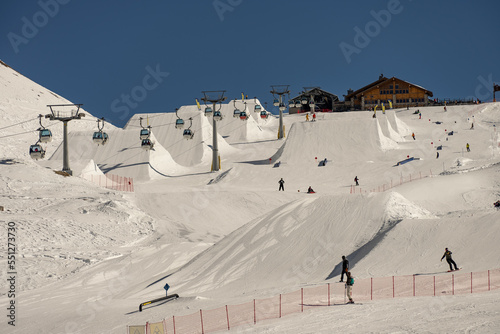 Aerial drone view of Madonna di Campiglio Trentino and ursus snowpark in Val Rendena dolomites Italy in winter photo