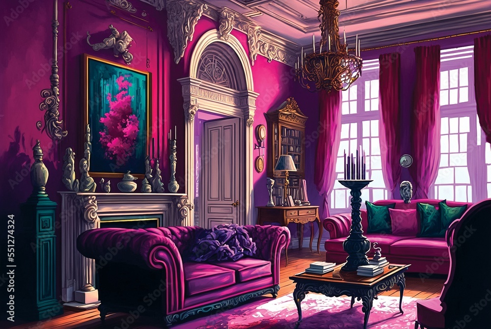 Magenta hot pink interior palace, luxury living room, digital illustration  Stock Illustration