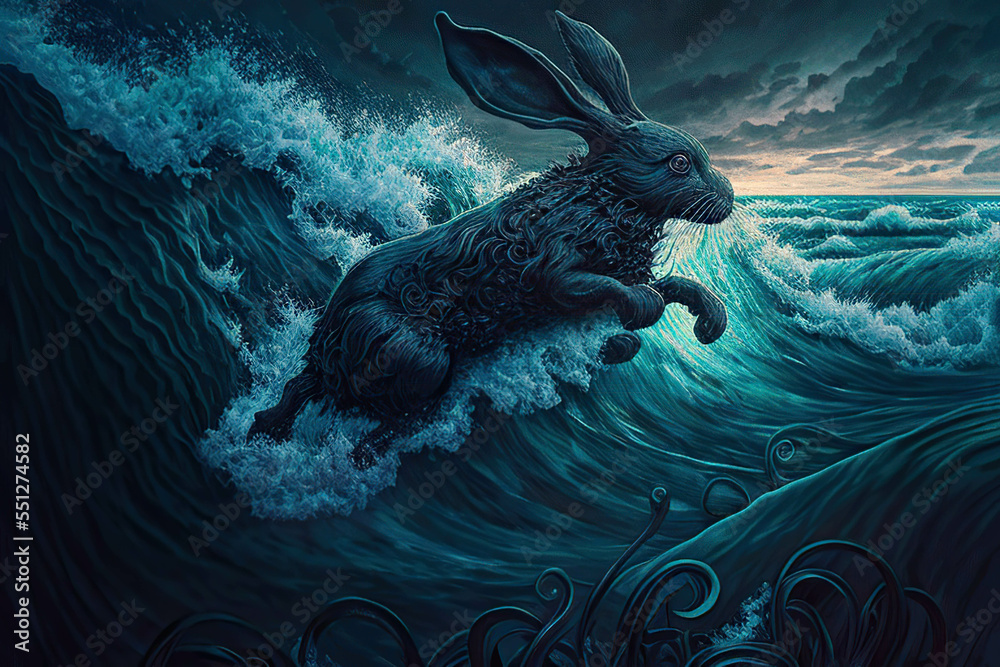 Obraz premium Black rabbit in the high waves, fantasy art, Year of the Black Water Rabbit, AI generated image