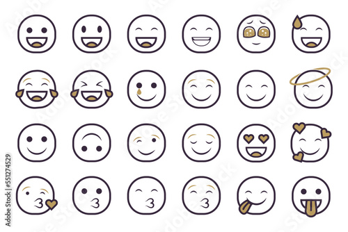 Set of emoticon smilley icons. Cartoon Emoji Set with smile, sad, happy, and flat emotion in two tone style
