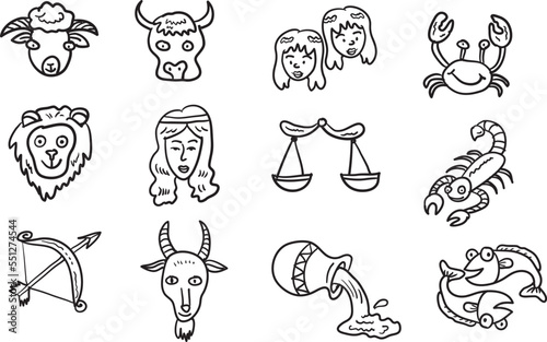 set of horoscope icon hand draw cartoon illustration black and white