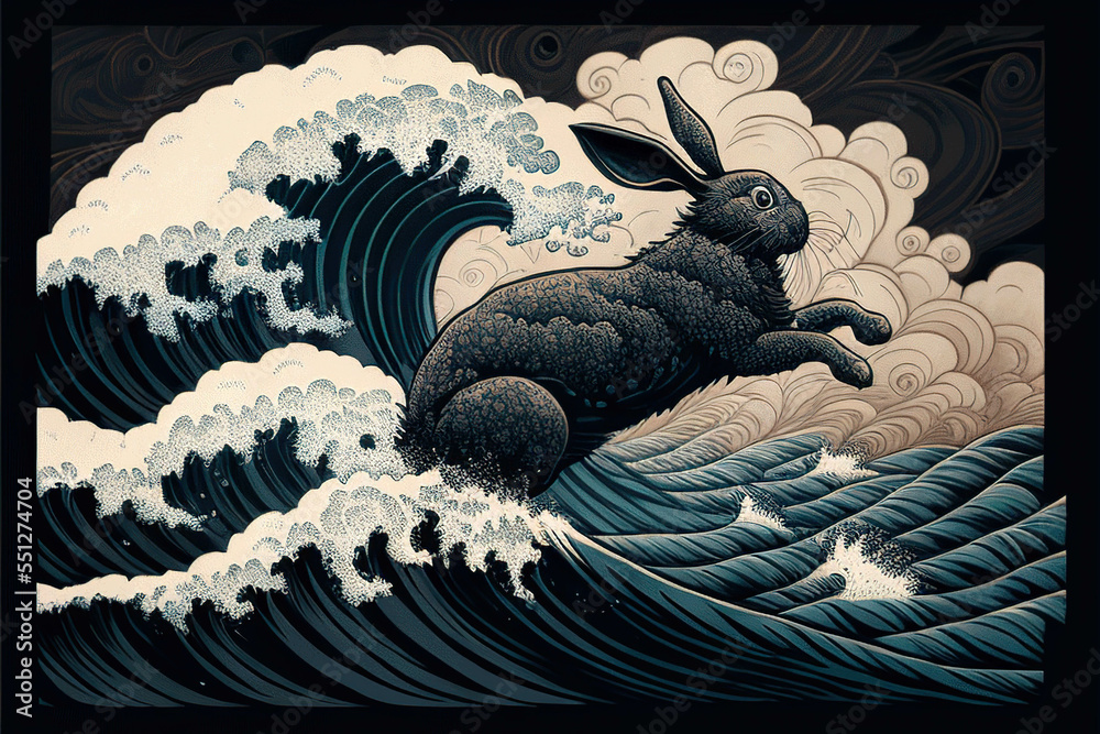 Black rabbit jumping on the great wave, black water rabbit, clouds ...