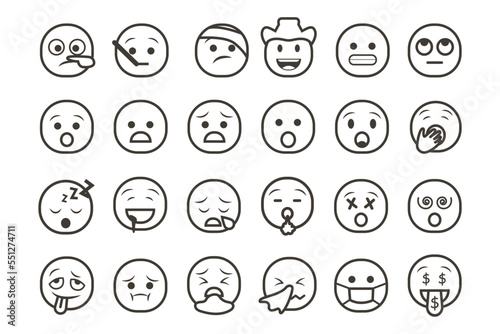 Set of emoticon smiley icons. Cartoon Emoji Set with smile, sad, happy, and flat emotion in line art style