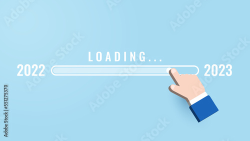 Man hand touching loading bar for countdown to 2023. Loading year 2022 to 2023.Vector illustration. Start concept
