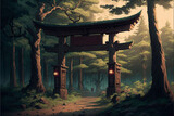 Torii, Japanese Gate, Torii Forest Background, Concept Art, Digital Illustration, Anime
