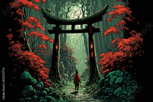 Torii, Japanese Gate, Torii Forest Background, Concept Art, Digital Illustration, Anime, Generative AI photo