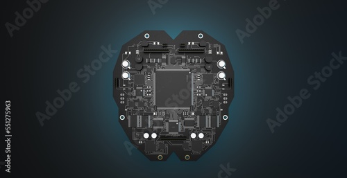 artificial intelligence. brain-shaped circuit board with microchips on it, top view 3D rendering