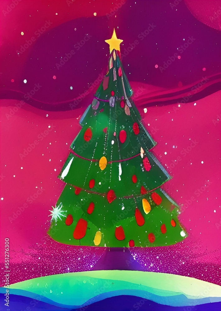 Obraz premium Digital watercolor painting - christmas tree with christmas celebration decorations, balls, star, lights and illumination. Art print. Holiday eve background design.