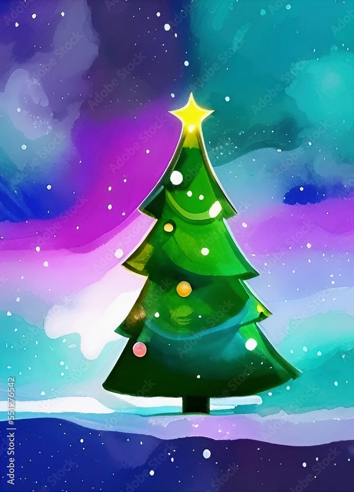 Digital watercolor painting - christmas tree with christmas celebration decorations, balls, star, lights and illumination. Art print. Holiday eve background design. Digital watercolor painting - christmas tree with christmas celebration decorations, balls, star, lights and illumination. Art print. Holiday eve background design.