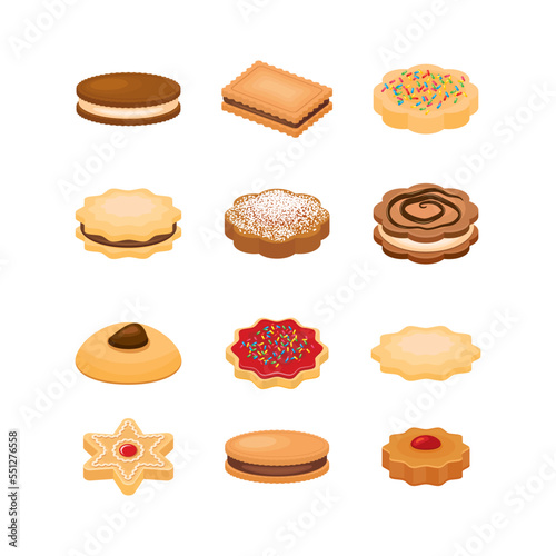 Cookies and tea cakes icon set vector. Biscuits icons vector isolated on a white background. Different types of cookies drawing. Shortbread cookie collection