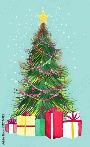 Digital watercolor painting - christmas tree with christmas celebration decorations  balls  star  lights and illumination. Art print. Holiday eve background design.