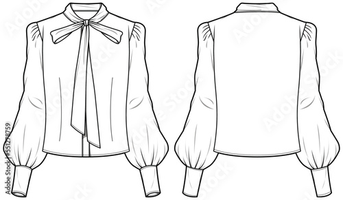 Fotografia Women bow bishop sleeve blouse design flat sketch fashion illustration with front and back view