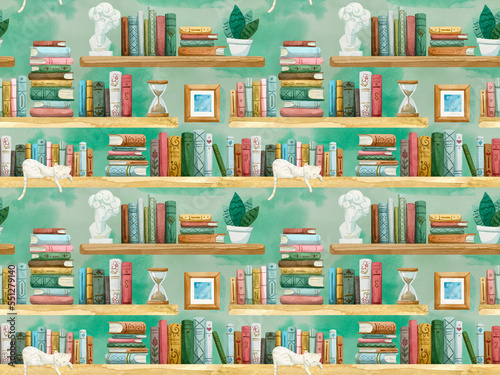 Watercolor pattern of bookshelves on a green background.