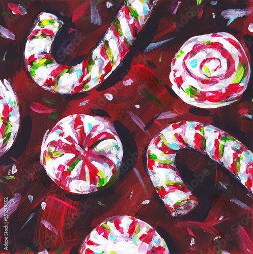 Red holiday candy. Acrylic painting card for design and print. Hand draw contemporary artwork. Surreal stylized postcard.
