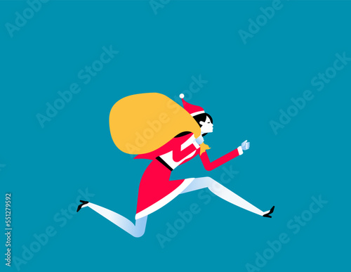Running Santa Claus with Gift. Celebration and holiday vector illustration concept