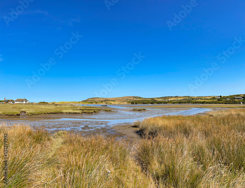 Scenic landscape view at low tide on the estuary in the small village of Newport, Pembrokeshire, Wales,