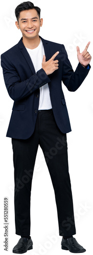 Young handsome smiling Asian man wearing semi-formal suit looking at camera and pointing hands up, PNG file