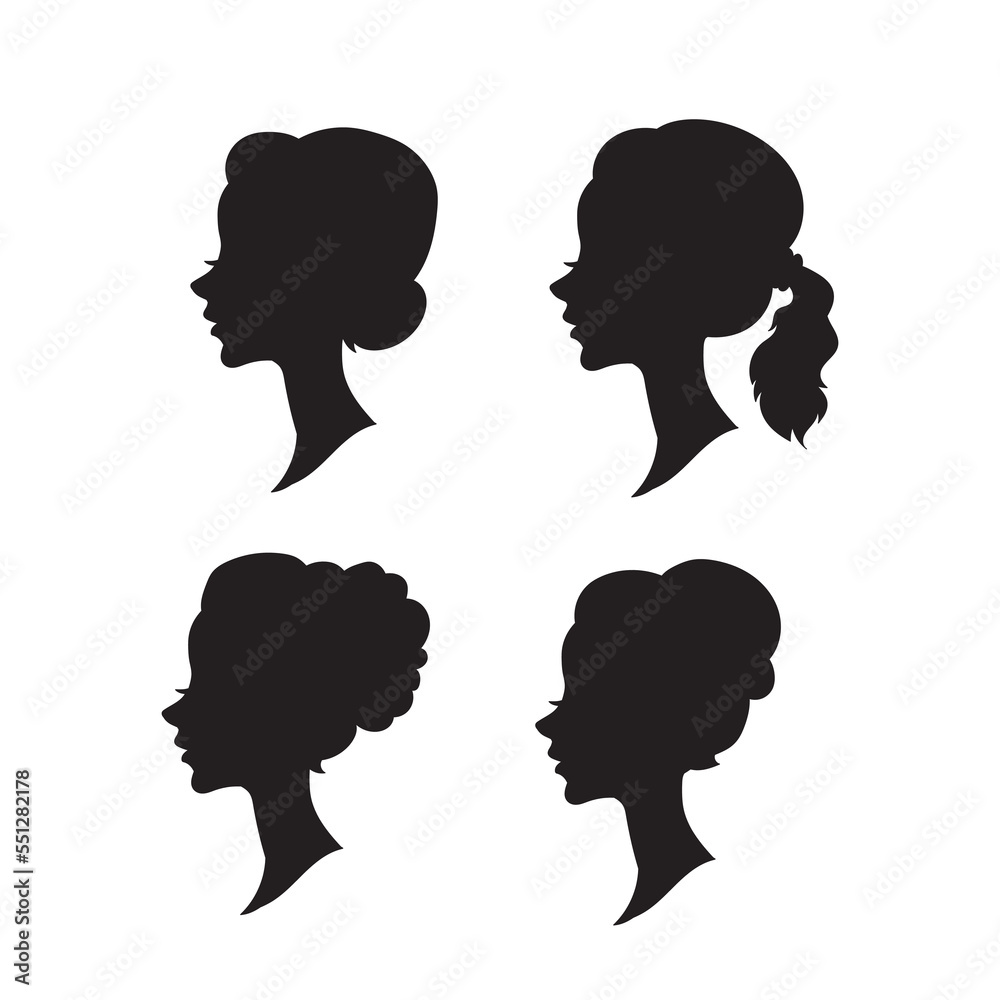 Woman head vector silhouette, side view. vignette. Hand drawn vector illustration, isolated on white background. Design for salon hair style logo.