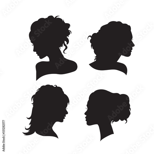 Woman head vector silhouette, side view. vignette. Hand drawn vector illustration, isolated on white background. Design for salon hair style logo.