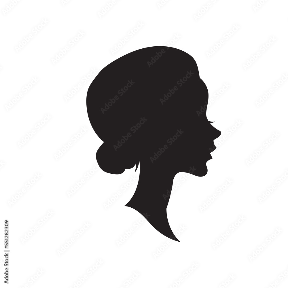 Woman head vector silhouette, side view. vignette. Hand drawn vector illustration, isolated on white background. Design for salon hair style logo.