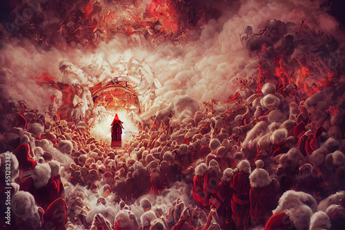 Christmas in hell, santa claus is lucifer himself at the gates of fire, scary, horror style