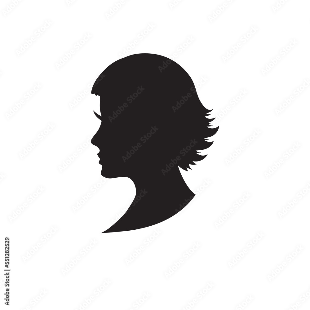 Woman head vector silhouette, side view. vignette. Hand drawn vector illustration, isolated on white background. Design for salon hair style logo.