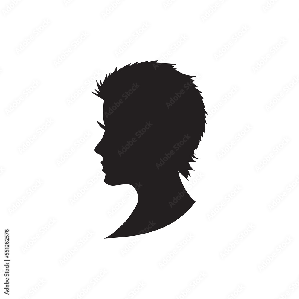 Woman head vector silhouette, side view. vignette. Hand drawn vector illustration, isolated on white background. Design for salon hair style logo.