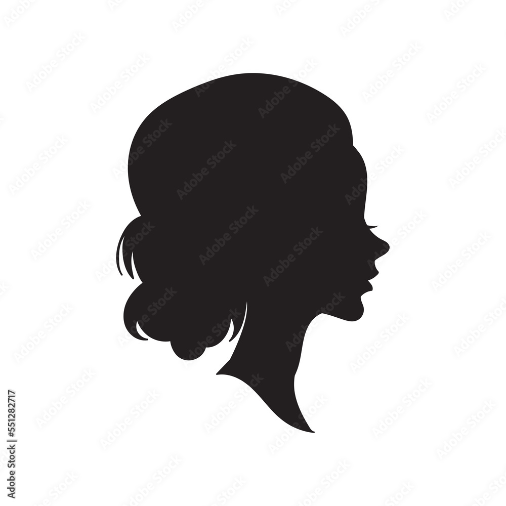 Woman head vector silhouette, side view. vignette. Hand drawn vector illustration, isolated on white background. Design for salon hair style logo.