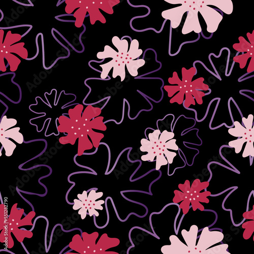 Aesthetic contemporary seamless pattern with pink flowers. Modern floral print for textile, fabric, wallpaper, wrapping, gift wrap, paper, scrapbook and packaging