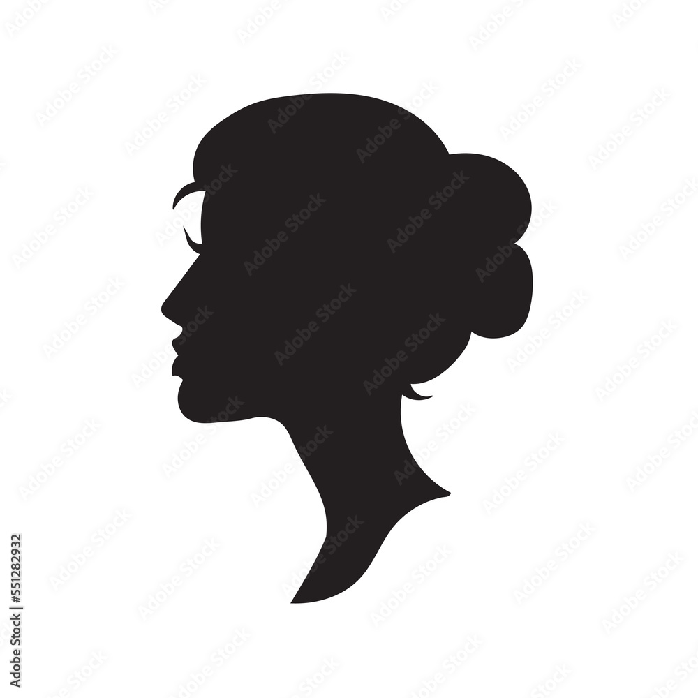 Woman head vector silhouette, side view. vignette. Hand drawn vector illustration, isolated on white background. Design for salon hair style logo.