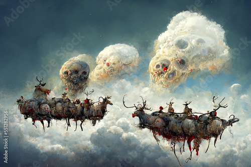 Reindeers in the sky above the clouds in a weird horror style with red lights and surrealistic morphes batches of them photo