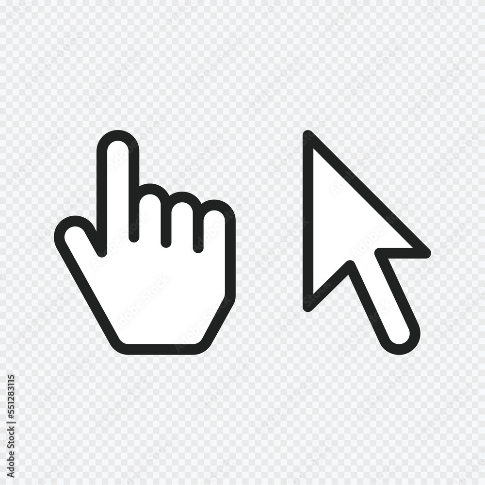 Arrow cursor and mouse hand symbol. Old, retro style. Cursor icons set isolated on transparent background. Vector illustration EPS 10. Arrow cursor and mouse hand symbol. Old, retro style. Cursor icons set isolated on transparent background. Vector illustration EPS 10.
