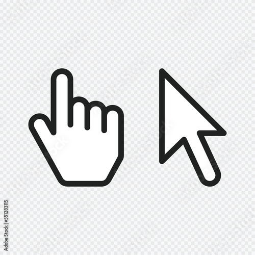 Arrow cursor and mouse hand symbol. Old, retro style. Cursor icons set isolated on transparent background. Vector illustration EPS 10.