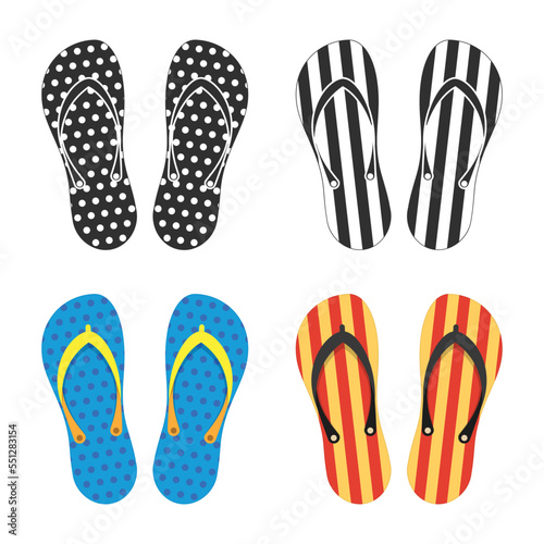 Beach Slippers isolated on white background. Modern flip flops in flat style. Summer or holiday time concept. Vector illustration. EPS 10.