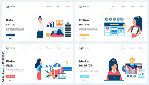 Data center and global market research, online customer review set vector illustration. Cartoon tiny people analyze financial charts, clients feedback and experience, work with server infrastructure
