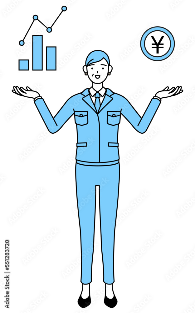 DX化のイメージ、業績と売上の向上を案内する作業着を着たシニア女性（経営者、管理職、工場長）