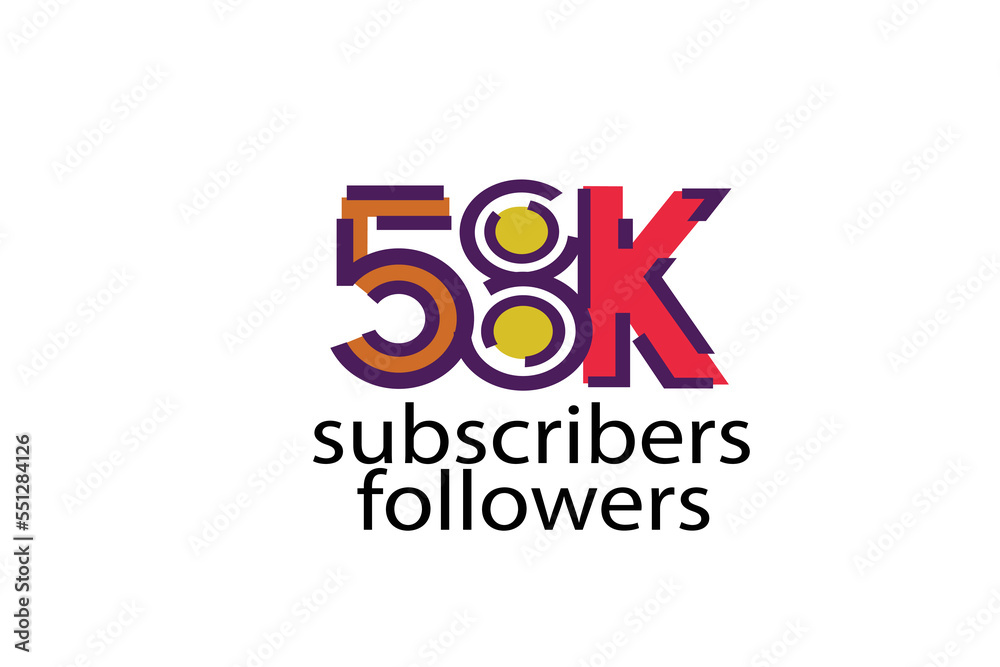58K, 58.000 subscribers or followers blocks style with 3 colors on white background for social media and internet-vector 58K, 58.000 subscribers or followers blocks style with 3 colors on white background for social media and internet-vector