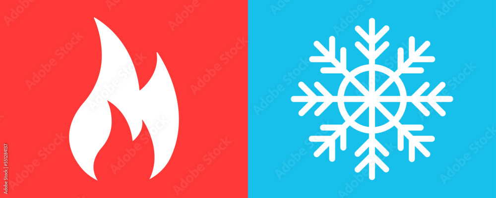 Hot and cold vector icons. Fire on red background and snowflake on blue background. Symbol heat or cool. Hot and cold vector icons. Fire on red background and snowflake on blue background. Symbol heat or cool.