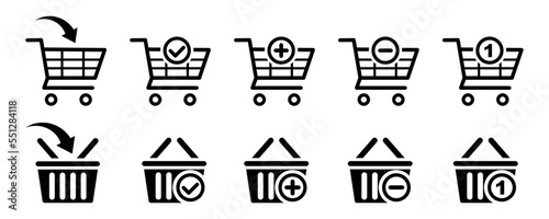 Shopping cart and basket icons vector set. Online store. Supermarket trolley set. Add and delete item to cart and basket. Vector 10 EPS.
