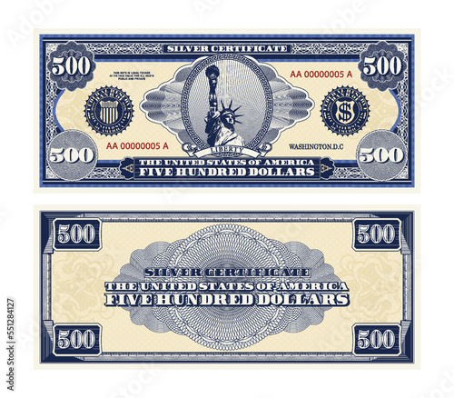 Vector blue banknote obverse and reverse silver certificate of 500 US dollars. Oval, liberty and guilloche frame. American paper money.