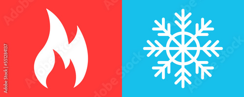 Hot and cold vector icons. Fire on red background and snowflake on blue background. Symbol heat or cool. 