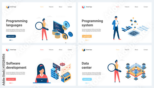 Programming languages, outsource system and digital software development, data center set vector illustration. Cartoon tiny people work with magnifying glass, programmers analyze program code