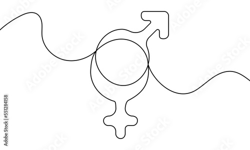 One continuous line gender symbol on white background. Single line with male and female signs. Vector 10 EPS.