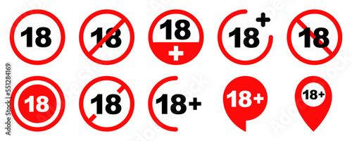 Set of red 18 plus vector icons on white background. Under eighteen plus labels. Forbidden signs.