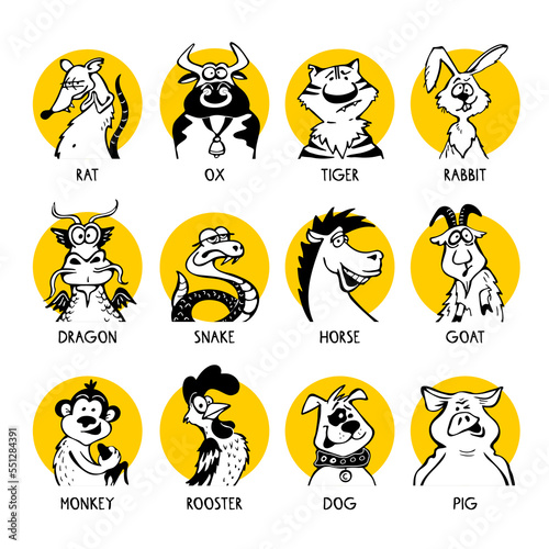 Crazy icons of 12 animals of the eastern zodiac for the horoscope for the Chinese New Year in yellow circles