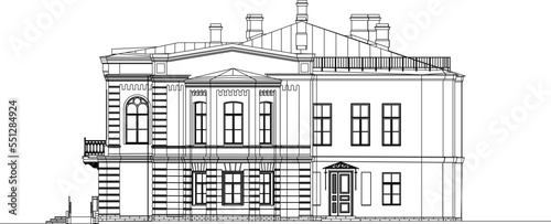 a sketch of a magnificent villa like a palace with a white background