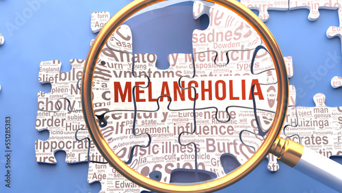 Melancholia as a complex and multipart topic under close inspection. Complexity shown as matching puzzle pieces defining dozens of vital ideas and concepts about Melancholia,3d illustration photo